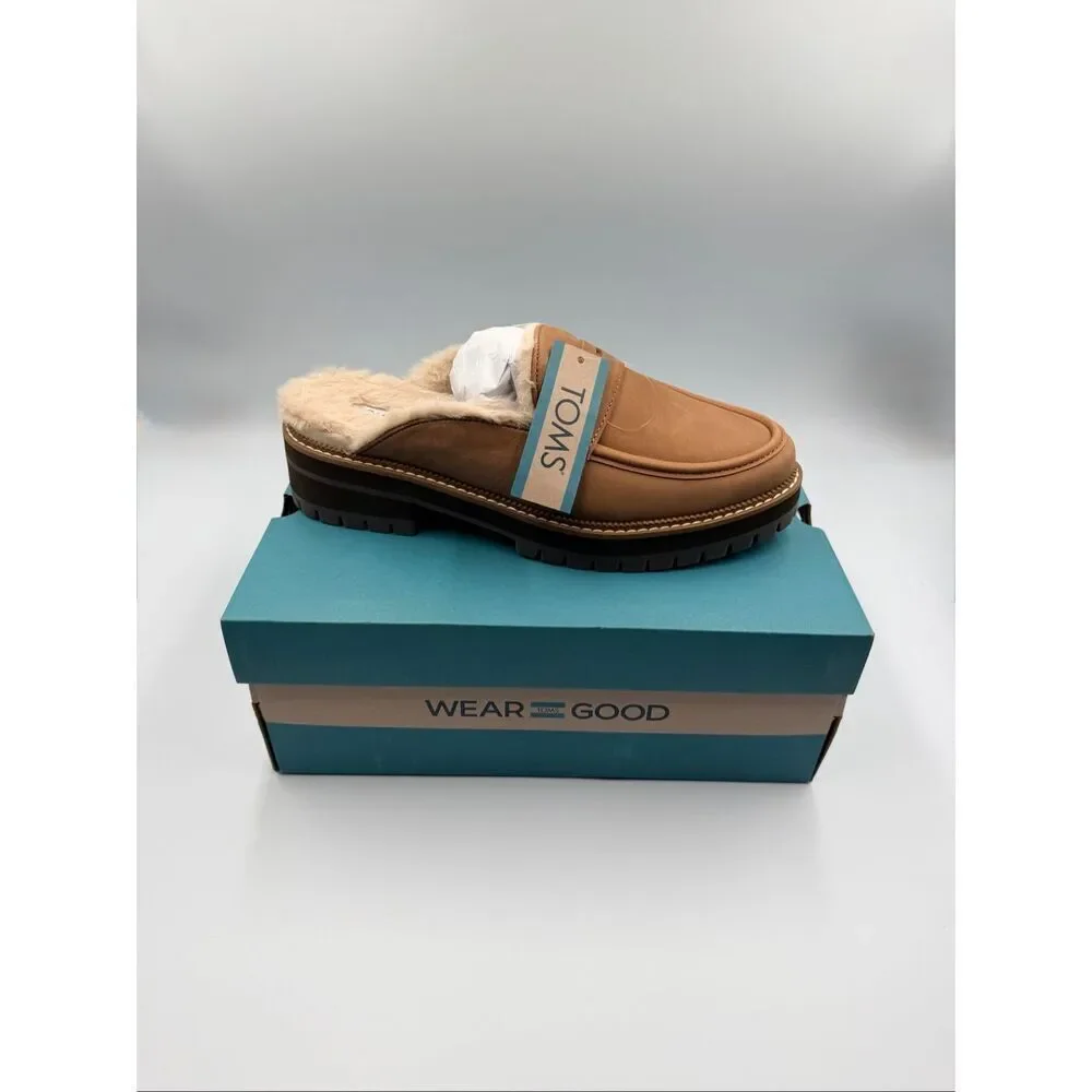 NIB TOMS Women's Cara Cozy Fur Lined Lug Sole Tan Suede Loafer Mule size 8.5